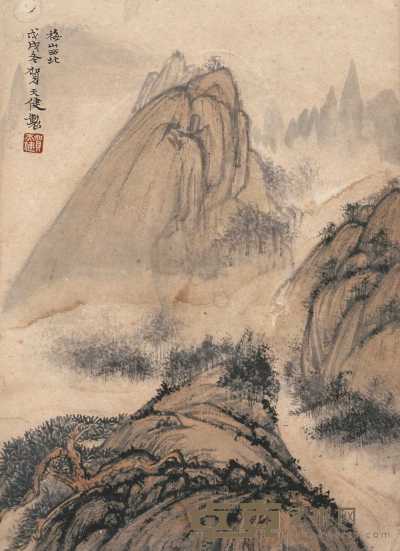 贺天健 1958年作 梅山风景 立轴 40×28cm